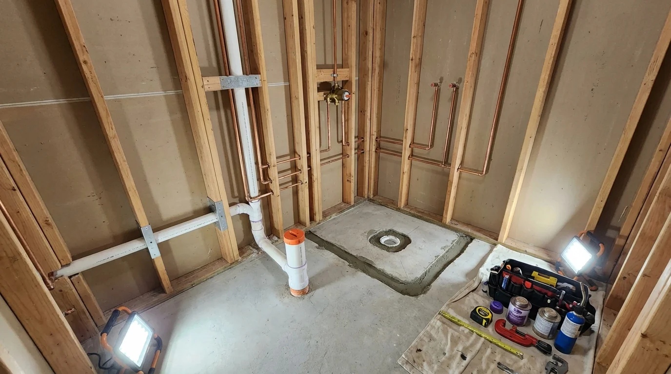 Bathroom rough-in plumbing during remodel by Johns Plumbing LLC in Rogersville