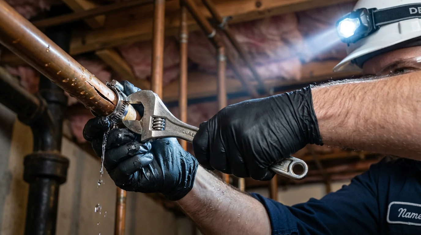Emergency pipe clamp repair being performed by a Johns Plumbing LLC plumber in Rogersville