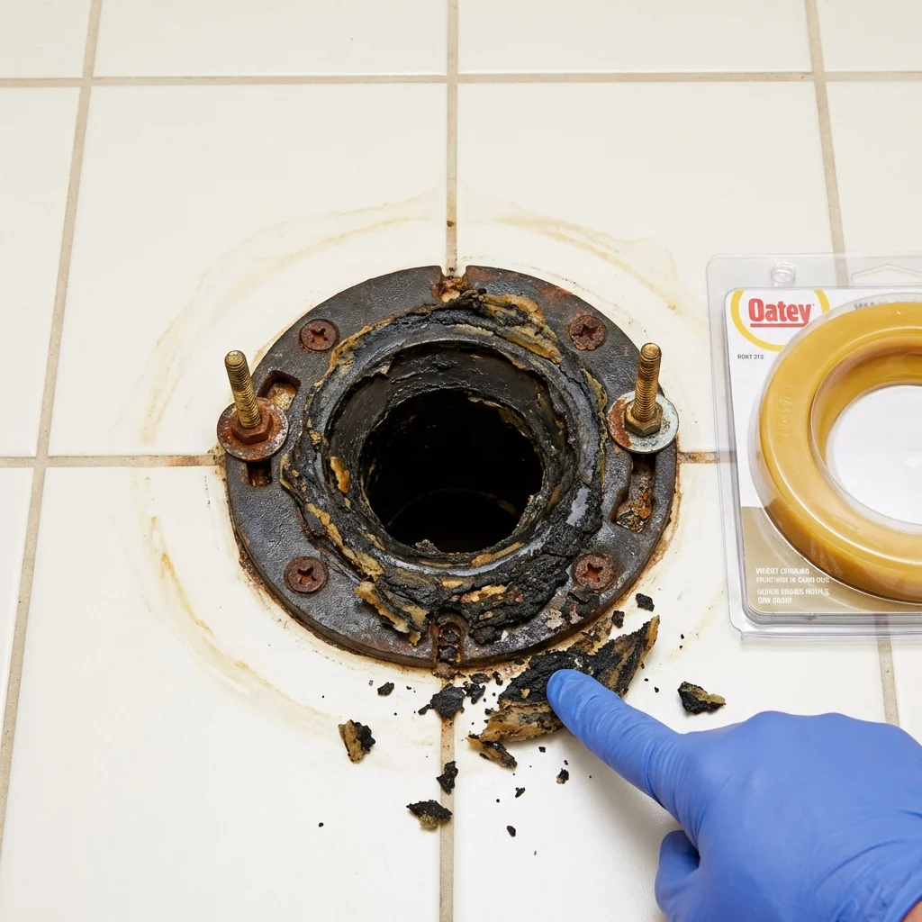 Failed wax ring showing water seepage at the base of a toilet in a Rogersville, TN home
