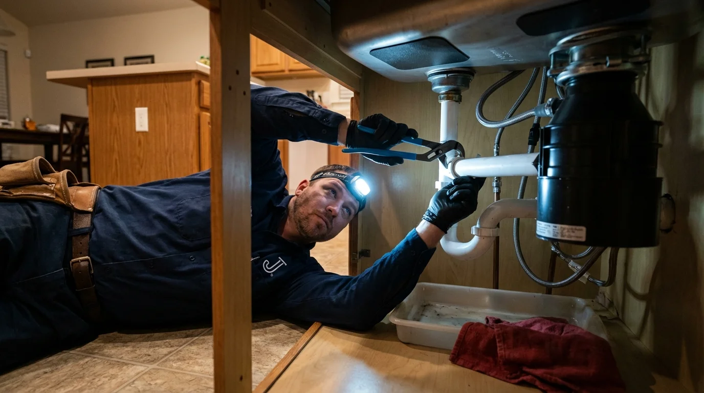 P-trap and supply line connections under a kitchen sink showing a common leak point in Rogersville, TN